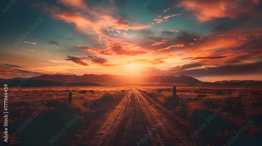 Serene Desert Landscape with Fiery Sunset and Silhouetted Cacti on Winding Road to the Horizon Serene Desert Landscape with Fiery Sunset and Silhouetted Cacti on Winding Road to the Horizon