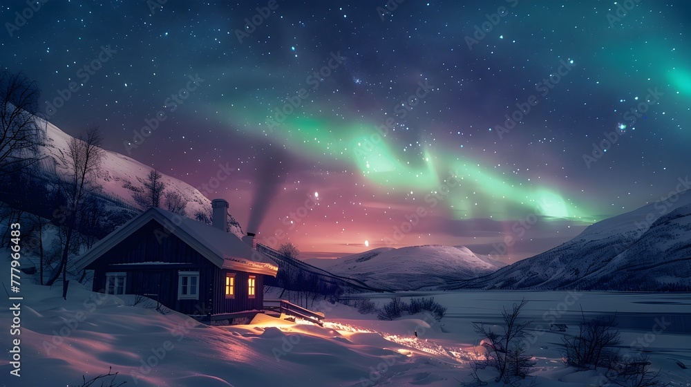Mesmerizing Northern Lights Display Over Snowy Mountain Cabin Amid Twinkling Starry Sky