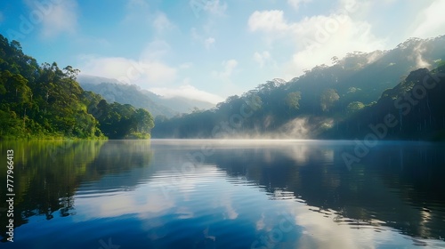 Serene Misty Lake Surrounded by Lush Forests at Dawn with Shimmering Reflections