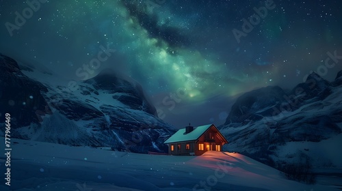 Cozy Mountain Cabin Under the Captivating Northern Lights in a Serene Winter Wonderland