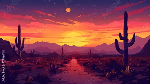 Serene Desert Sunset Landscape with Silhouetted Cacti and Winding Road Leading to Horizon