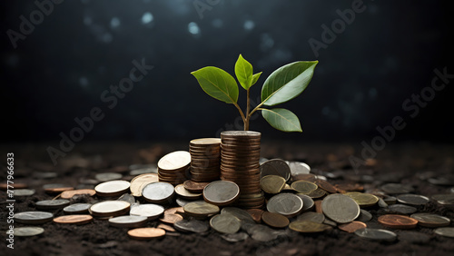 A small plant sprouts from a pile of coins, symbolizing the potential for financial growth and prosperity.
