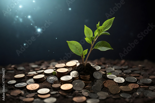 A plant sprouting from coins on the lush soil depicts the lifecycle of financial success, from investment to growth.