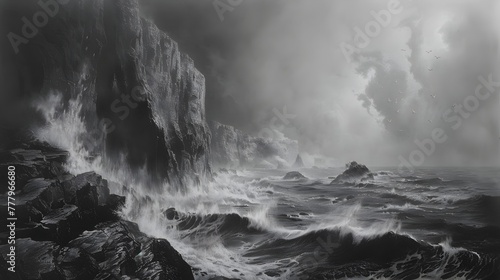 Dramatic Seascape with Crashing Waves and Stormy Cliffs Dominating the Horizon