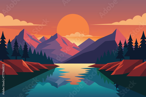 Mountain Lake Sunset Landscape First Person View vector design