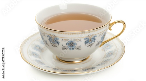 English teacup with saucer isolated on white background, White porcelain cup and saucer with English tea in on a white background