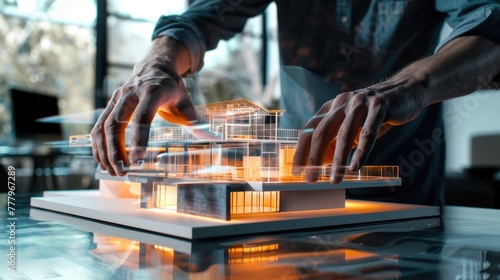 Person interacting with a futuristic augmented reality projection of a building model on a physical table in an office.