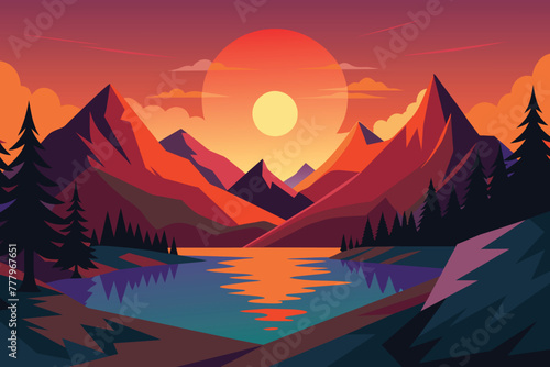 Mountain Lake Sunset Landscape First Person View vector design © mobarok8888