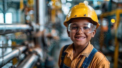 A smiling young boy wearing safety helmet and goggles standing in an industrial setting with machinery in the background.