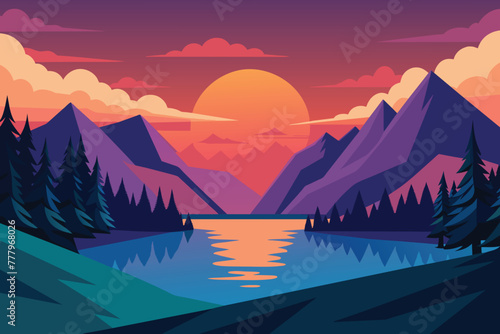 Mountain Lake Sunset Landscape First Person View vector design