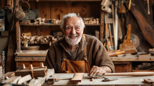 Elderly craftsman in a woodworking workshop  smiling with tools and workbench  exuding joy and experience in his trade.