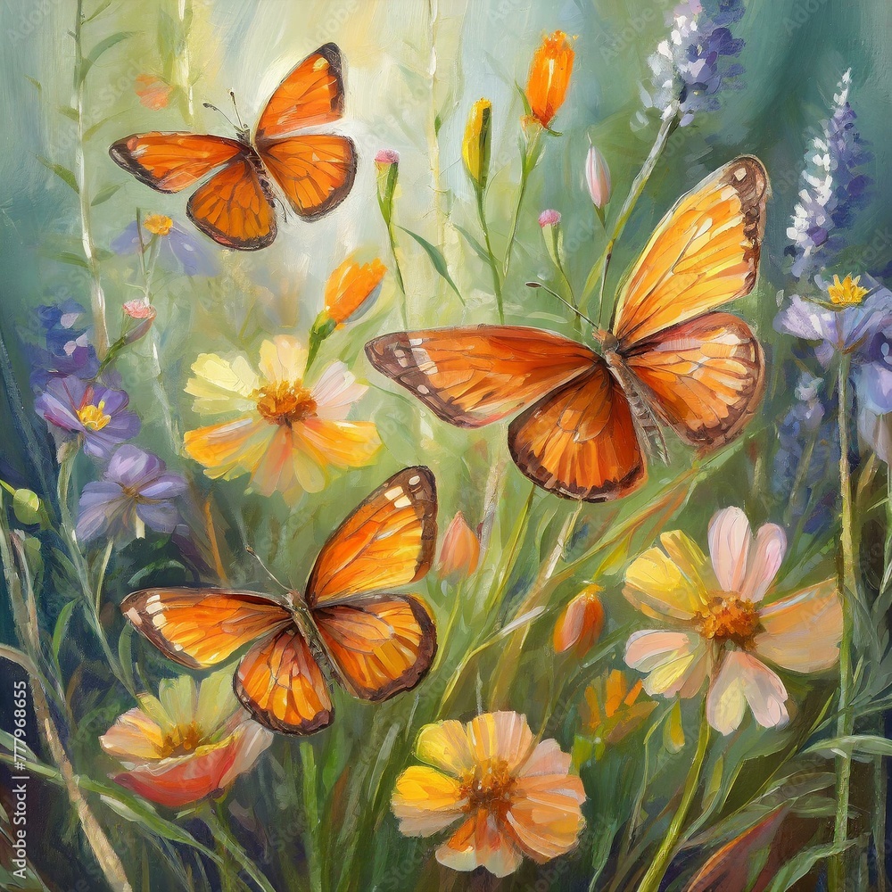 delicate wildflowers and orange butterflies painted with oil paints, Ai Generate