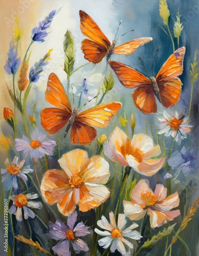 delicate wildflowers and orange butterflies painted with oil paints, Ai Generate