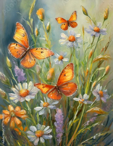 delicate wildflowers and orange butterflies painted with oil paints  Ai Generate