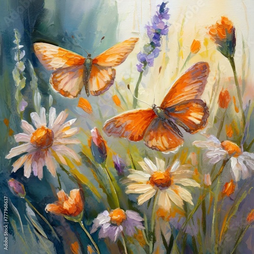 delicate wildflowers and orange butterflies painted with oil paints, Ai Generate