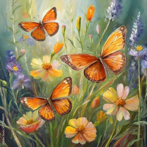 delicate wildflowers and orange butterflies painted with oil paints, Ai Generate © Yasir