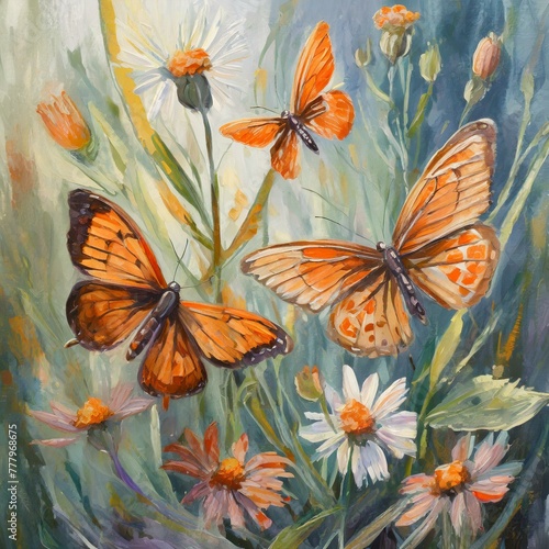 delicate wildflowers and orange butterflies painted with oil paints, Ai Generate
