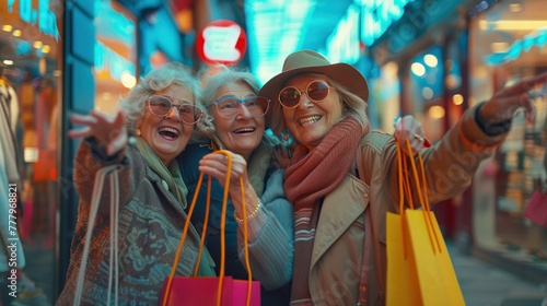 Three joyful elderly women with shopping bags enjoying a vibrant city nightlife, posing with peace signs and sunglasses.