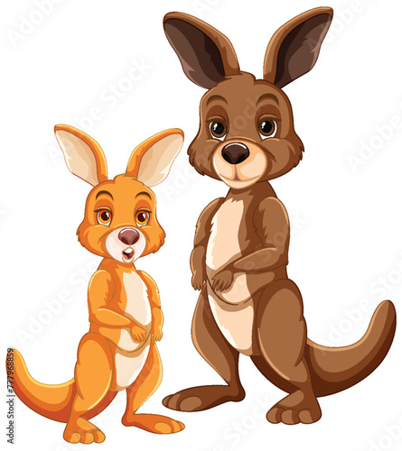 Cartoon kangaroo and rabbit standing together happily