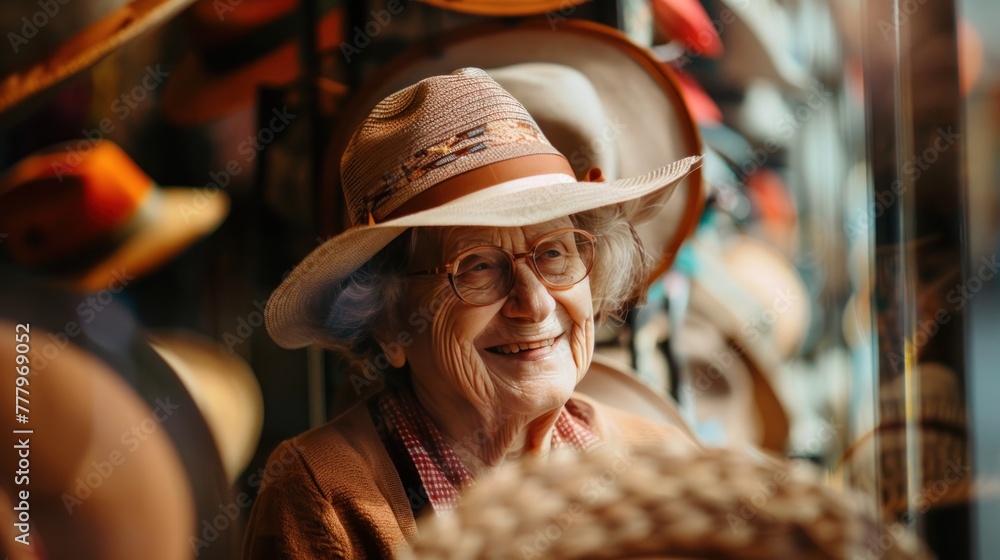 Elderly woman with glasses and a wide-brimmed hat smiling warmly in a shop with various hats in the background.