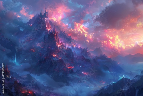 Mystical realms where the sky is painted with colors of magic and sorcery.