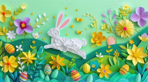 A white rabbit is leaping through a colorful field of blooming flowers and eggs  surrounded by lush green grass and vibrant petals  creating a beautiful and whimsical scene AIG42E