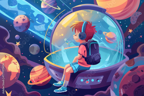 A cute little boy sitting in a space capsule  wearing headphones and a backpack on his back to watch a cartoon about space exploration