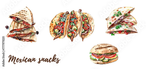 A hand-drawn watercolor illustration of mexican dishes. Mexican localties. High resolution png with a transparent background. Generative AI