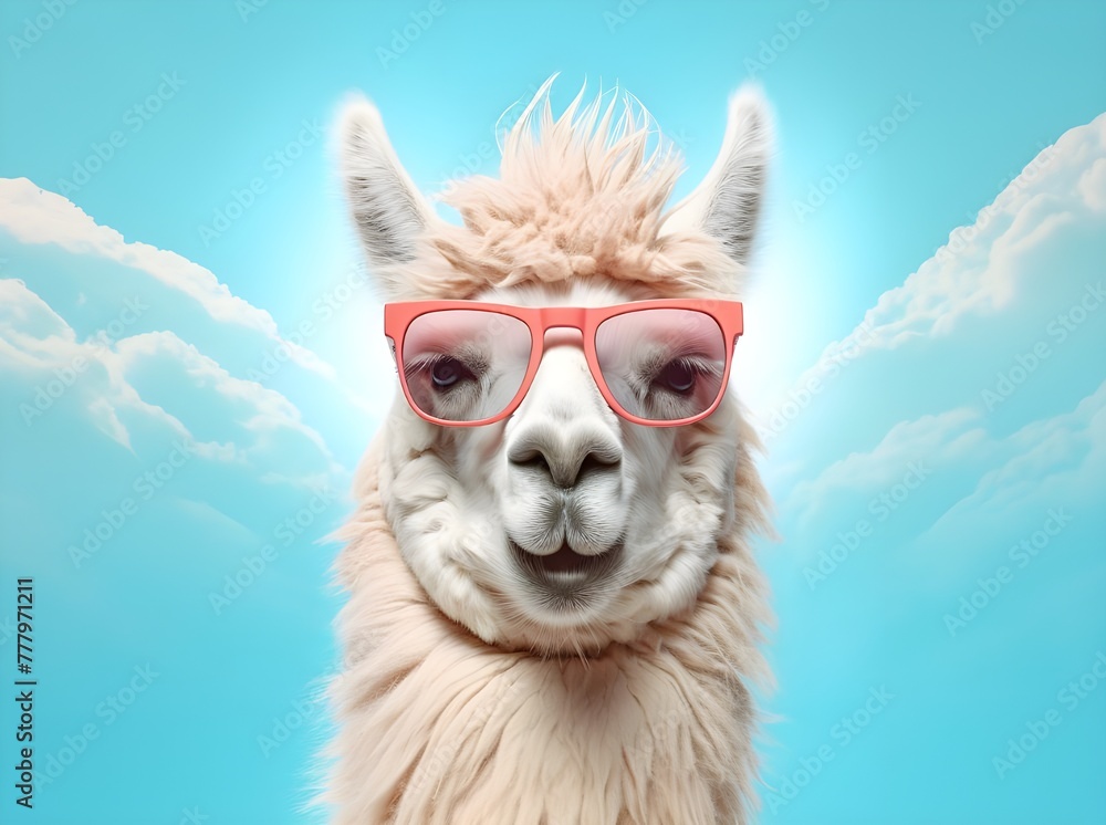 . Stylish llama with sunglasses and hat, exuding a trendy vibe.