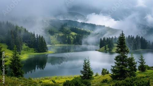 Foggy morning at Lake Synevir in the Carpathian Mountains. Tranquil beauty of nature.