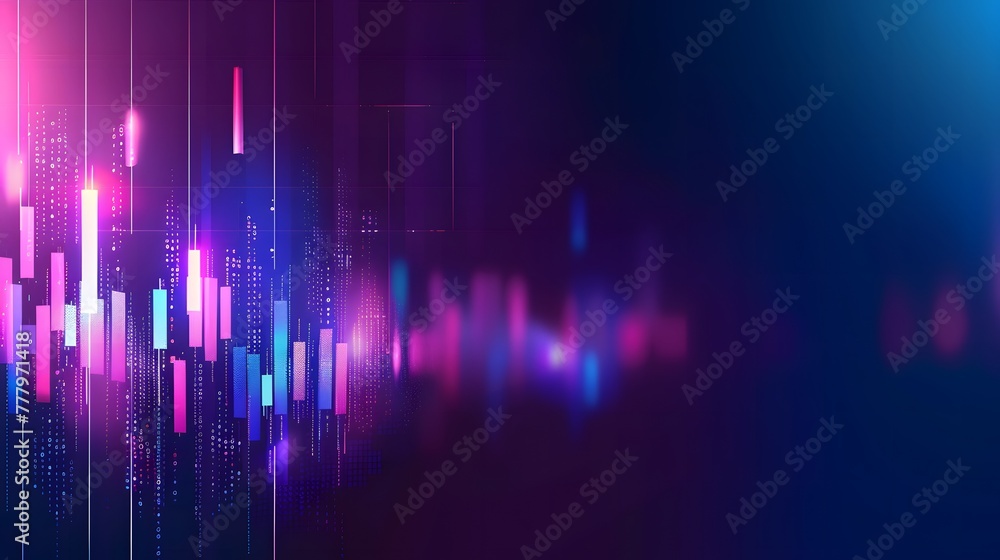 Modern Financial Tech Display，Neon Glow Bar Graph and Trading Charts on Dark Blue Gradient. For Design, Background, Cover, Poster, Banner, PPT, KV design, Wallpaper