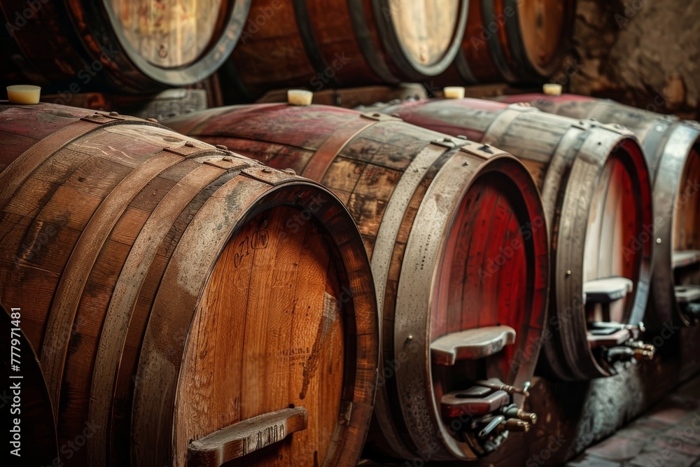 Wine barrels resting in the winery cellar. A rustic scene of craftsmanship and aging. Wine barrels resting in the winery cellar. A rustic scene of craftsmanship and aging.