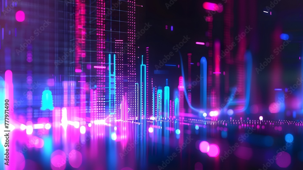 Stock Market Trends Under Blue and Purple Neon Glow, High-Resolution, Dynamic Perspective and Depth in Financial Illustration. For Design, Background, Cover, Poster, Banner, PPT, KV design, Wallpaper Stock Market Trends Under Blue and Purple Neon Glow, High-Resolution, Dynamic Perspective and Depth in Financial Illustration. For Design, Background, Cover, Poster, Banner, PPT, KV design, Wallpaper