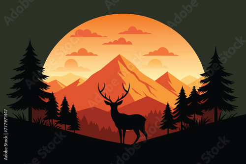 Mountain landscape with deer and forest at sunset vector design