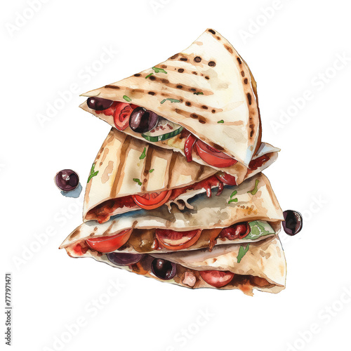 A hand-drawn watercolor illustration of quesadillas. Mexican dish. High resolution png with a transparent background. Generative AI
