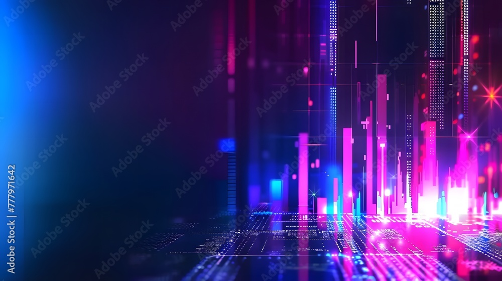 Modern Financial Tech Display,Neon Glow Bar Graph and Trading Charts on Dark Blue Gradient. For Design, Background, Cover, Poster, Banner, PPT, KV design, Wallpaper Modern Financial Tech Display,Neon Glow Bar Graph and Trading Charts on Dark Blue Gradient. For Design, Background, Cover, Poster, Banner, PPT, KV design, Wallpaper