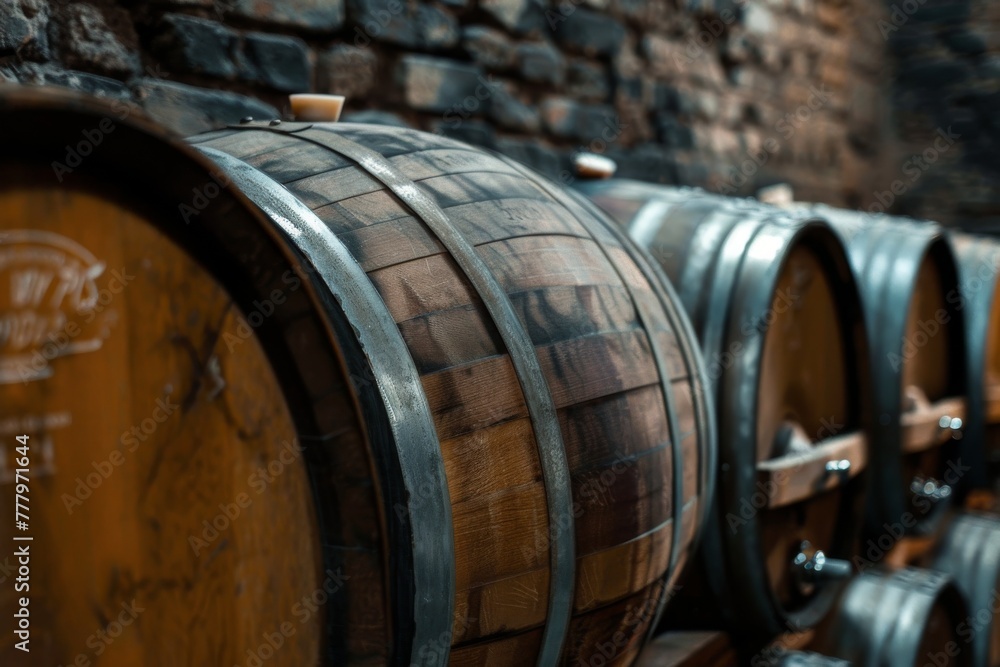 Wine barrels resting in the winery cellar. A rustic scene of craftsmanship and aging. Wine barrels resting in the winery cellar. A rustic scene of craftsmanship and aging.