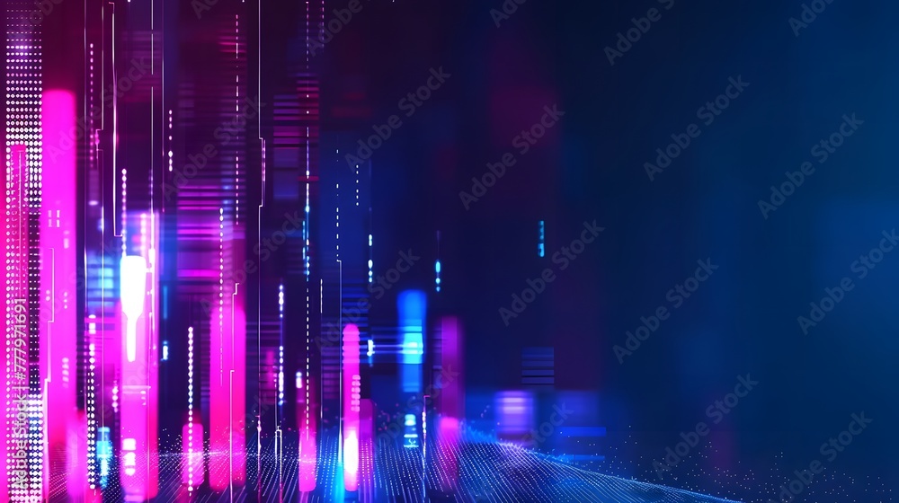 Stock Market Trends Under Blue and Purple Neon Glow, High-Resolution, Dynamic Perspective and Depth in Financial Illustration. For Design, Background, Cover, Poster, Banner, PPT, KV design, Wallpaper Stock Market Trends Under Blue and Purple Neon Glow, High-Resolution, Dynamic Perspective and Depth in Financial Illustration. For Design, Background, Cover, Poster, Banner, PPT, KV design, Wallpaper