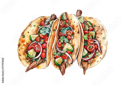 A hand-drawn watercolor illustration of tacos. Mexican dish. High resolution png with a transparent background. Generative AI