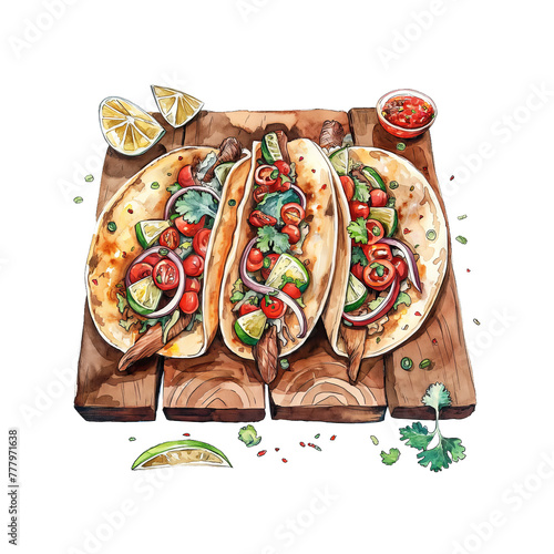 A hand-drawn watercolor illustration of tacos. Mexican dish. High resolution png with a transparent background. Generative AI