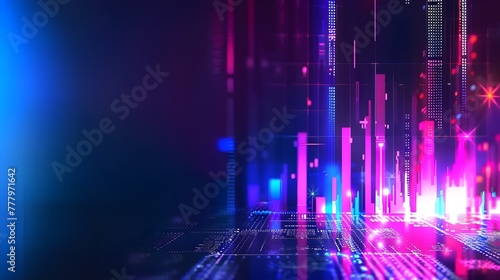 Modern Financial Tech Display，Neon Glow Bar Graph and Trading Charts on Dark Blue Gradient. For Design, Background, Cover, Poster, Banner, PPT, KV design, Wallpaper