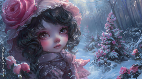 Lil beautiful and pretty blue eyes baby girl closeup view standing outside in snow with trees. pretty Doll baby girls in beautiful pink dress. photo