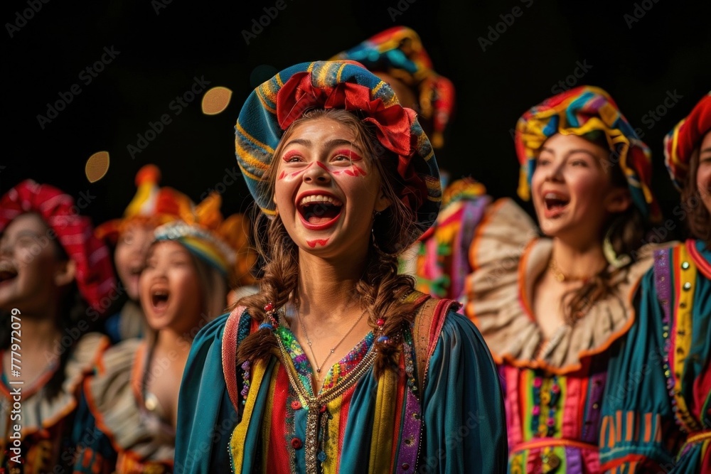 joyful diverse kids in colorful costumes on stage during a musical performance