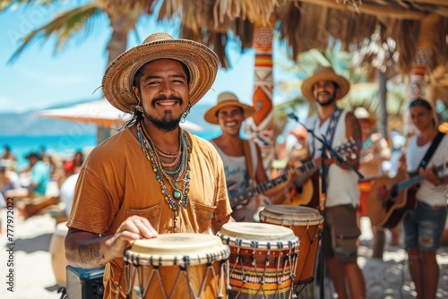 Dynamic Latin Drummer at Beach Party with Palm Trees and Blue Sky