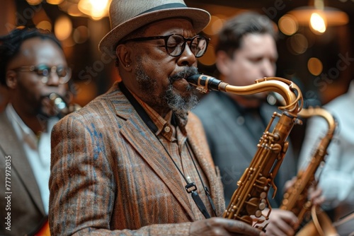 African-American Saxophonist Performing Jazz in Stylish Nightclub with Elegant Atmosphere