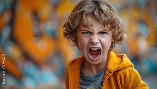 Expressive young boy with curly hair shouting, wearing a yellow jacket and showing anger on his face
