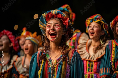 joyful diverse kids in colorful costumes on stage during a musical performance photo