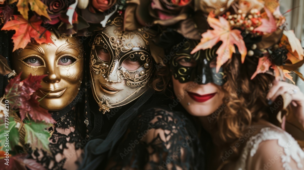 Group of people in Day of the Dead masks celebrating, surrounded by autumn leaves.