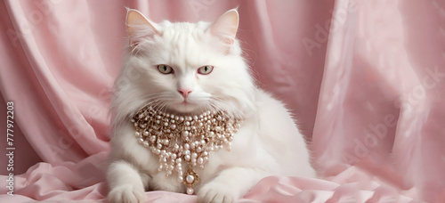 Close shoot of beautiful white persian catPet Portrait of a Graceful Persian Cat Wearing a Serene Expression and a Del Party Birthday Costume isolate on pink generative by ai.. photo