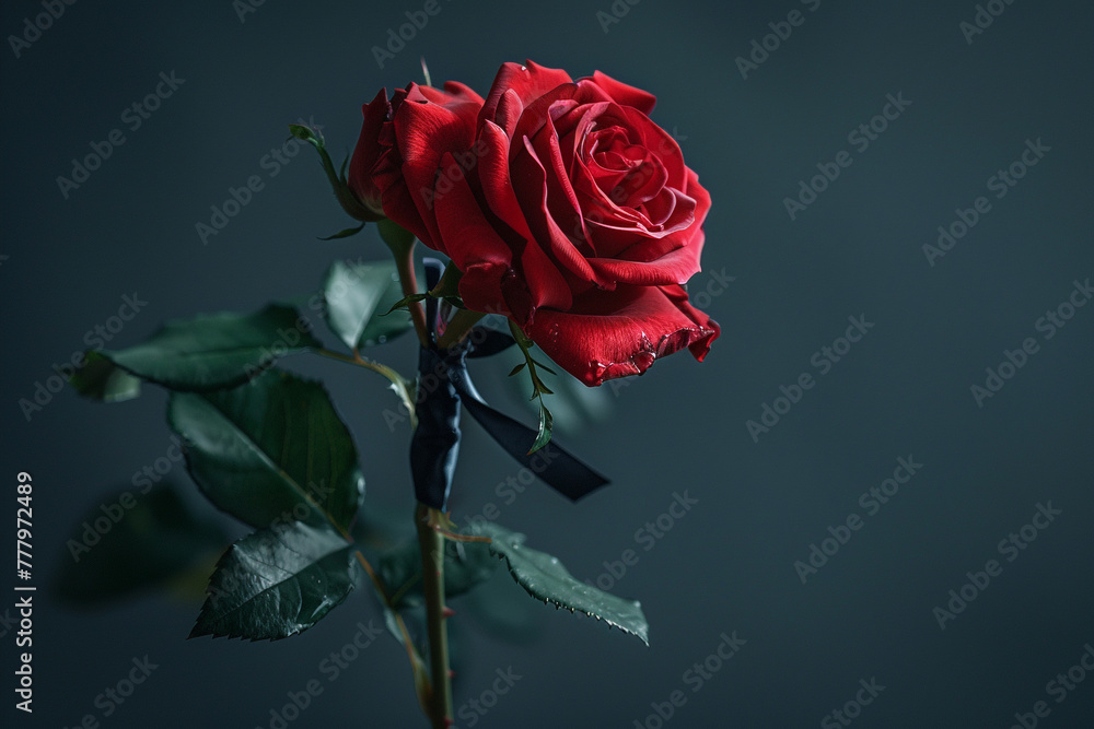 A red rose with a black ribbon around its stem.
